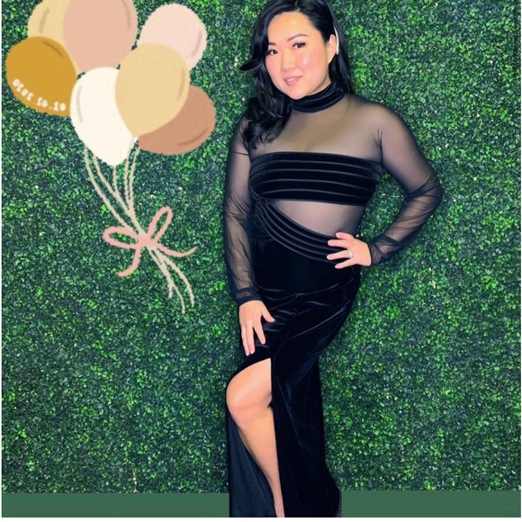 Caché Vintage Gown Dress Maxi Velvet Mesh Illusion Whimsy goth Medium Black - Picture 2 of 10